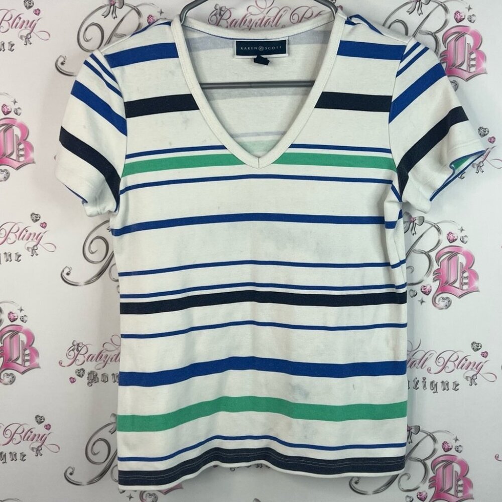 Karen Scott tshirt stripes Multicolor Striped V-Neck Tee green blue black white